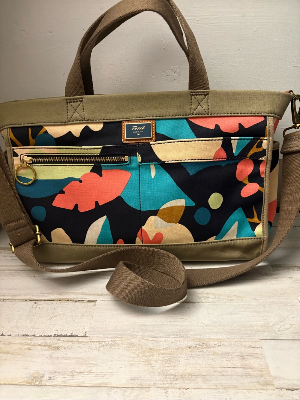 Fossil Multicolor Canvas Tote with Coral and Teal Print NWOT